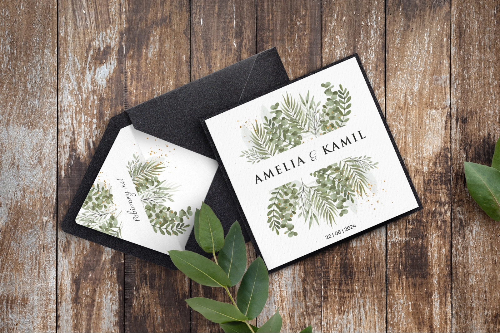 Eleganckie zaproszenie ślubne Leaves z mieniącą się podklejką i kopertą