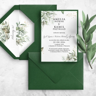 Delikatne Zaproszenia ślubne Leaves z&nbsp;zieloną kopertą, wklejką i&nbsp;papierem ozdobnym