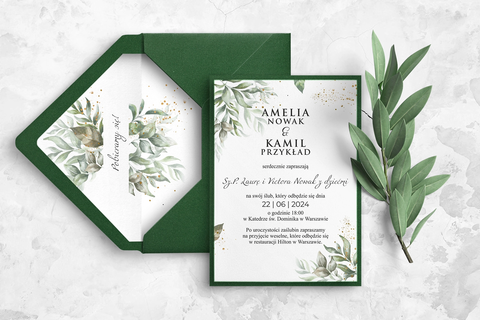 Delikatne Zaproszenia ślubne Leaves z zieloną kopertą, wklejką i papierem ozdobnym
