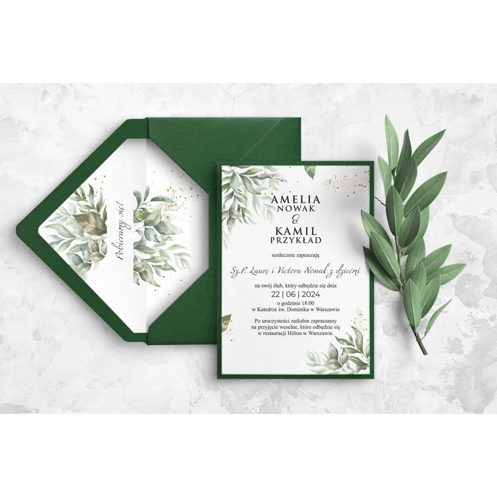 Delikatne Zaproszenia ślubne Leaves z zieloną kopertą, wklejką i papierem ozdobnym