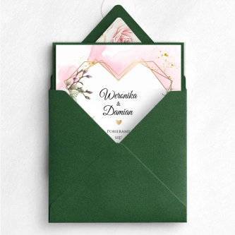 Zaproszenia ślubne Kwadratowe Składane Złote Serca z&nbsp;zielonym papierem ozdobnym i&nbsp;kopertą