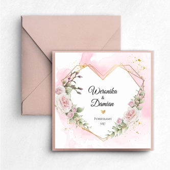 Eleganckie Zaproszenia ślubne Złote Serca w&nbsp;odcieniach pudrowego różu z&nbsp;dodatkami