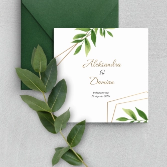 Liściaste zaproszenie z&nbsp;geometryczną ramką złotą drukowane na papierze satynowym z&nbsp;kopertą w&nbsp;kolorze ciemnej zieleni