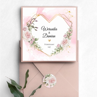 Eleganckie Zaproszenia ślubne Złote Serca w&nbsp;odcieniach pudrowego różu z&nbsp;dodatkami