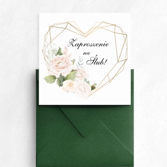 Zaproszenie ślubne z&nbsp;kwiatami w&nbsp;odcieniach różu i&nbsp;bieli z&nbsp;geometrycznym sercem