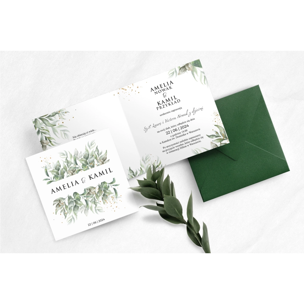 Zielone Kwadratowe Zaproszenie na ślub Leaves z kopertą