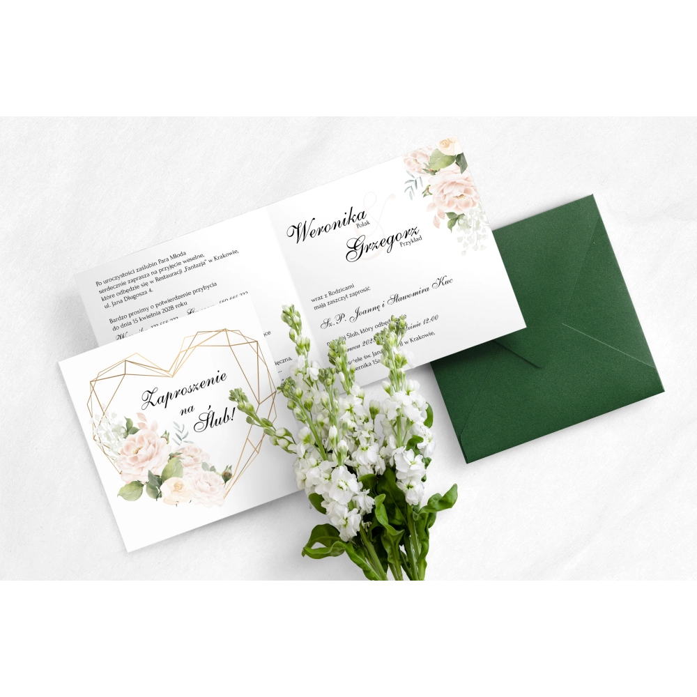 Zaproszenie ślubne z kwiatami w odcieniach różu i bieli z geometrycznym sercem