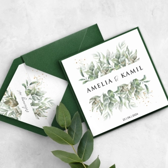 Zielone Zaproszenie na ślub Leaves z&nbsp;piękną kopertą i&nbsp;papierem ozdobnym