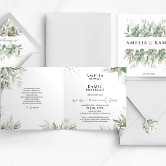 Tanie Zaproszenia ślubne Leaves Kwadratowe składane z&nbsp;białą kopertą