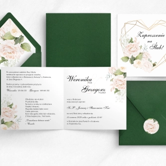Zaproszenie ślubne z&nbsp;kwiatami w&nbsp;odcieniach różu i&nbsp;bieli z&nbsp;geometrycznym sercem