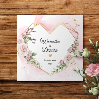Zaproszenie na ślub Kwadratowe Złote Serca z&nbsp;kopertą Butelkowa Zieleń