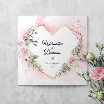 Złote zaproszenia ślubne Kwadratowe Składane Złote Serca - Motyw 1