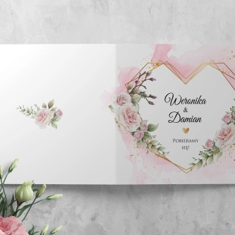 Pudrowo różowe Zaproszenia ślubne Złote Serca z&nbsp;piękną kopertą
