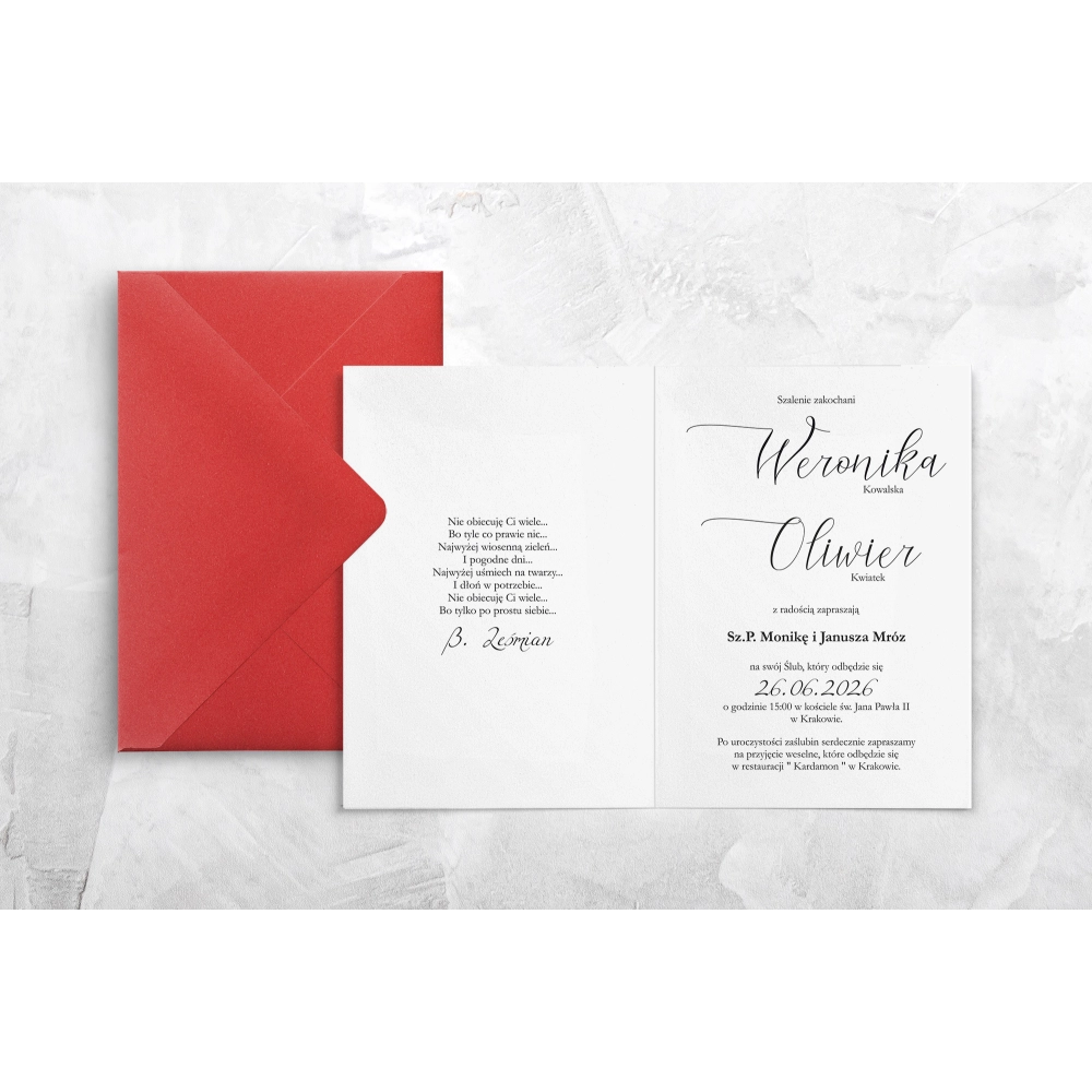 Minimalistyczne zaproszenie ślubne z kopertą w kolorze czerwonym