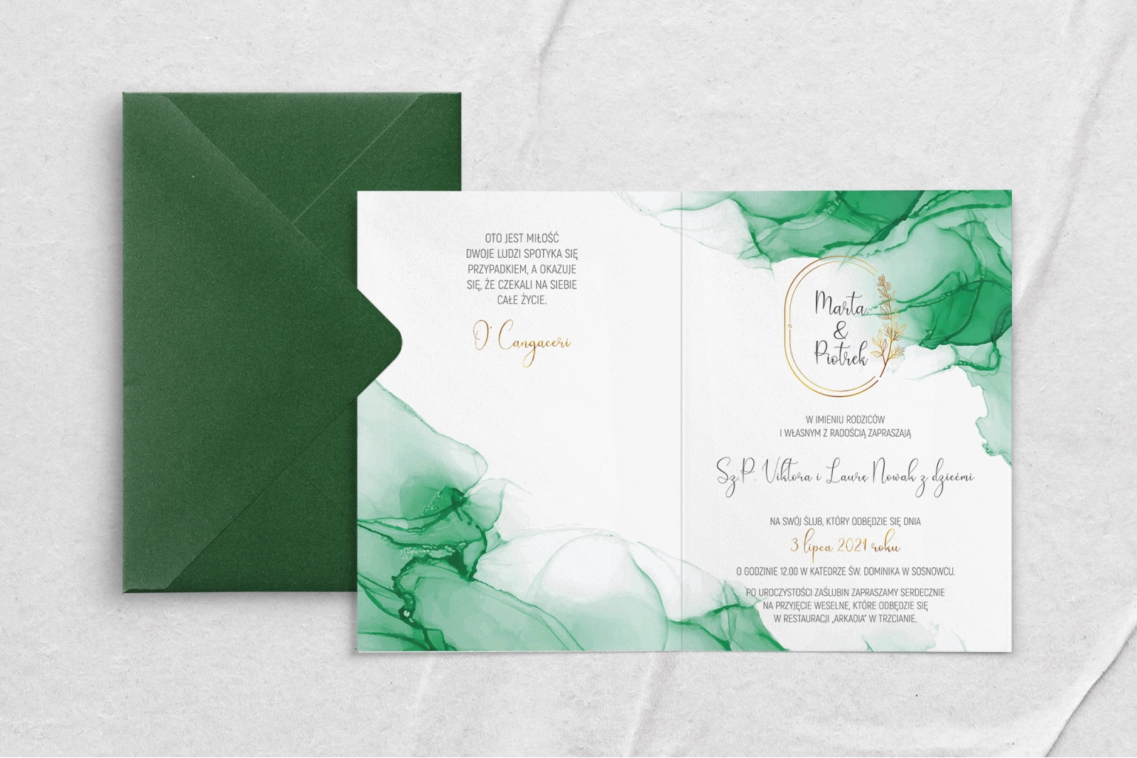 Piękne zaproszenie Glamour Ink z kopertą ciemno zieloną