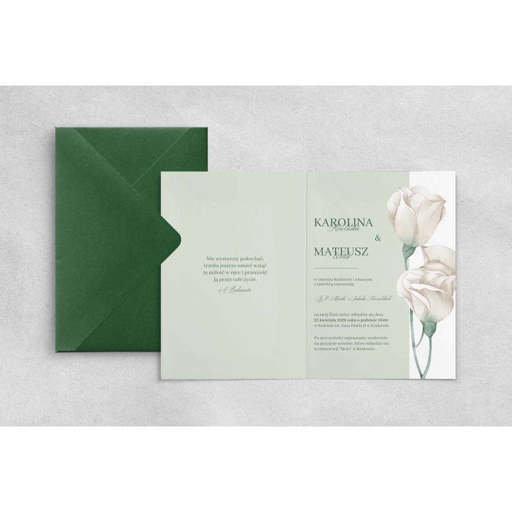 Oryginalne zaproszenie ślubne Color Line z piękną kopertą w kolorze ciemnej zieleni