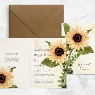 Rustykalne zaproszenia ze słonecznikiem z&nbsp;kopertą ekologiczną