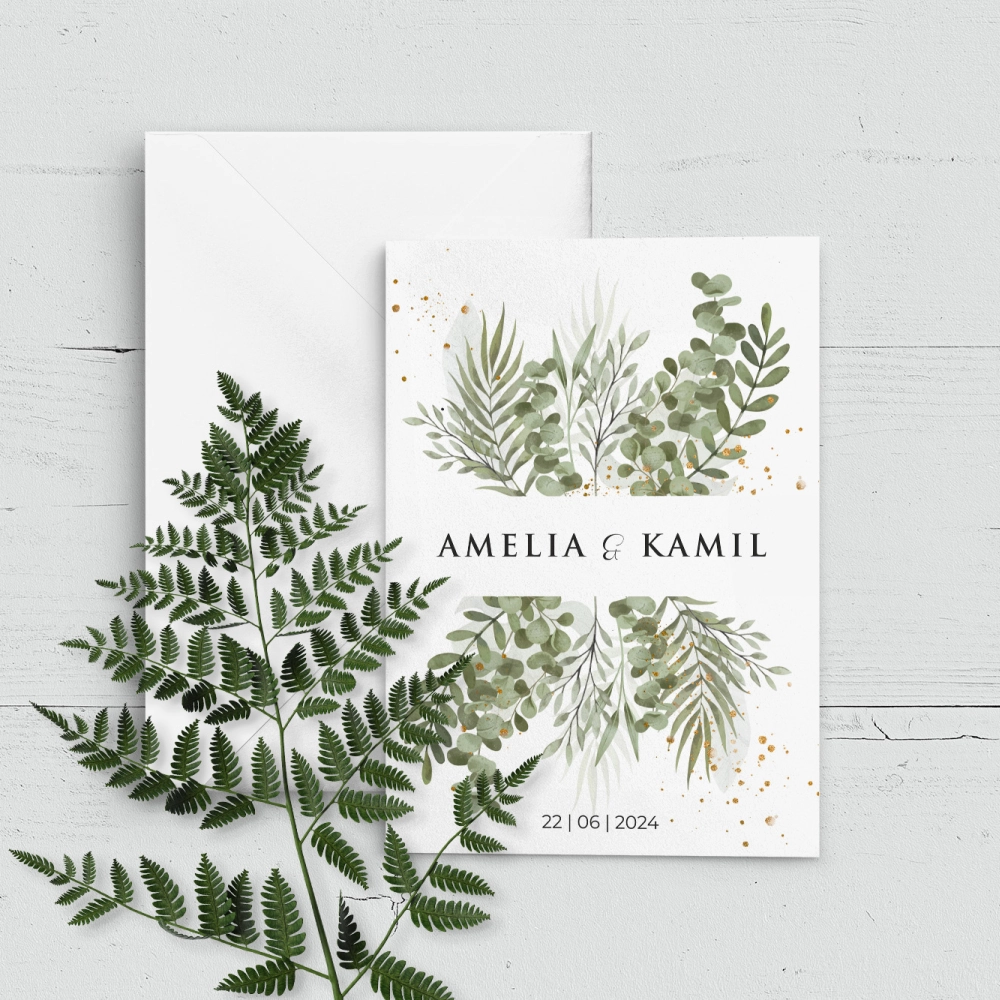 Liściaste zaproszenie ślubne z białą kopertą