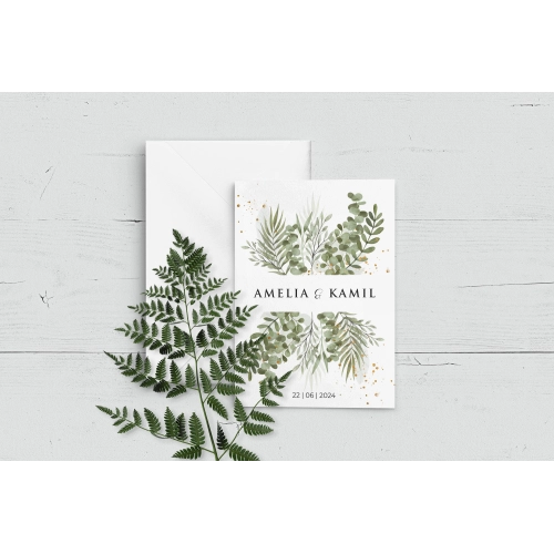 Liściaste zaproszenie ślubne z białą kopertą