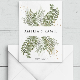 Liściaste zaproszenie ślubne z&nbsp;białą kopertą