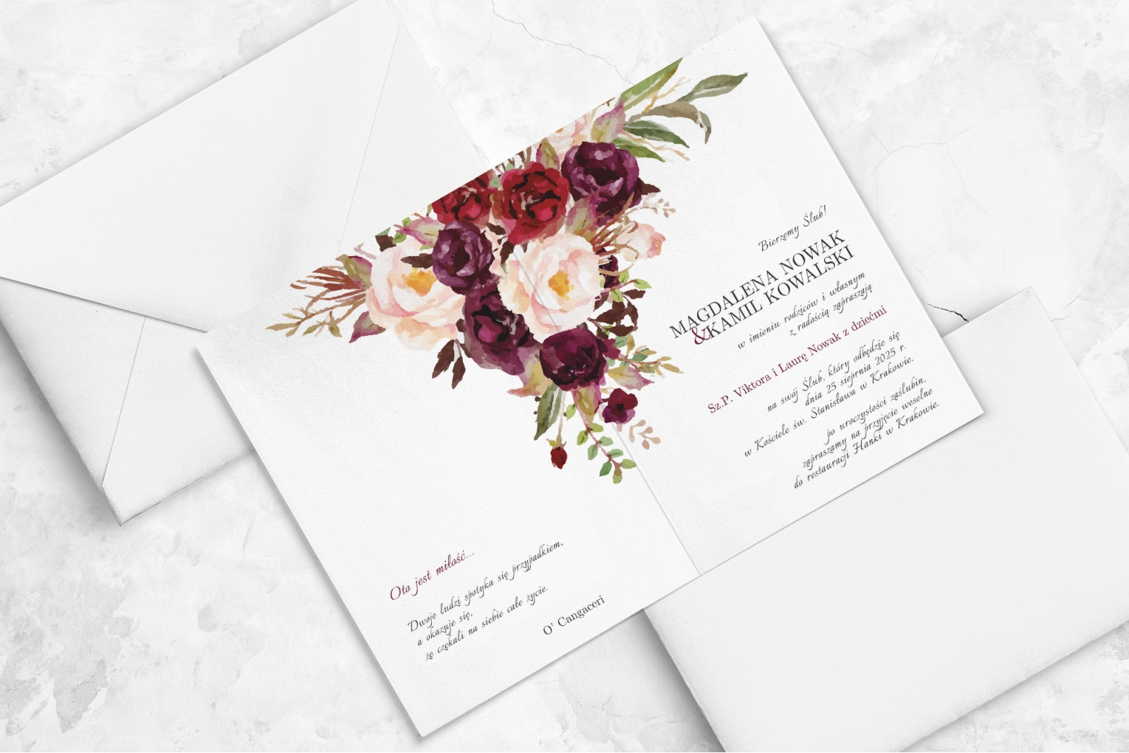 Kwieciste zaproszenie Fabello drukowane na papierze satynowym z białą kopertą