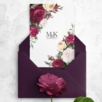 Piękne zaproszenie z&nbsp;kwiatami wiosennymi i&nbsp;kopertą fioletową