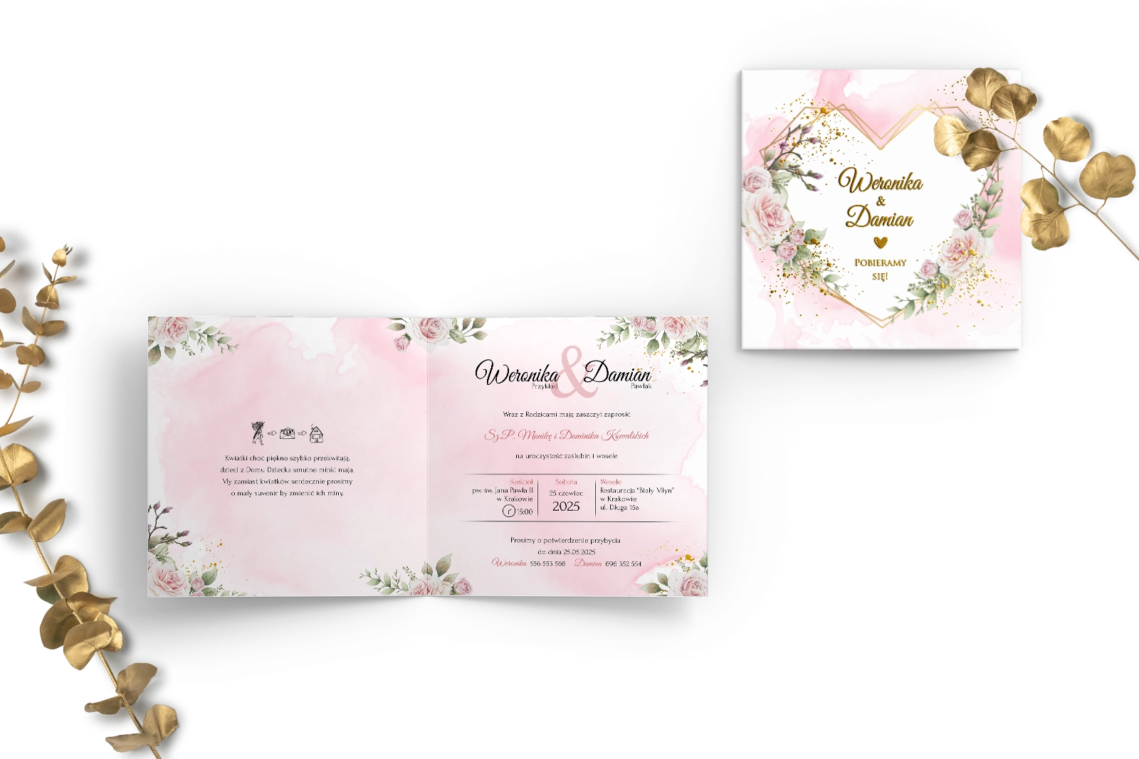 Złote zaproszenia ślubne Kwadratowe Składane Złote Serca - Motyw 1