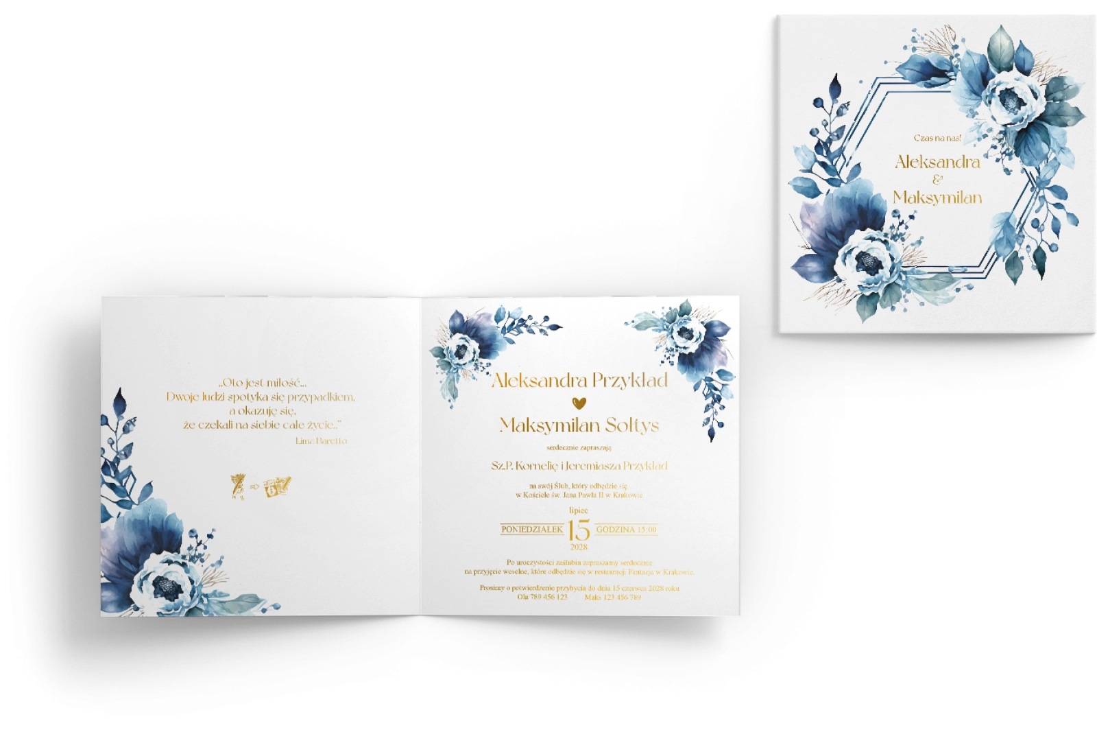 Złocone zaproszenia ślubne Kwadratowe Składane Azure Flowers - Motyw 1