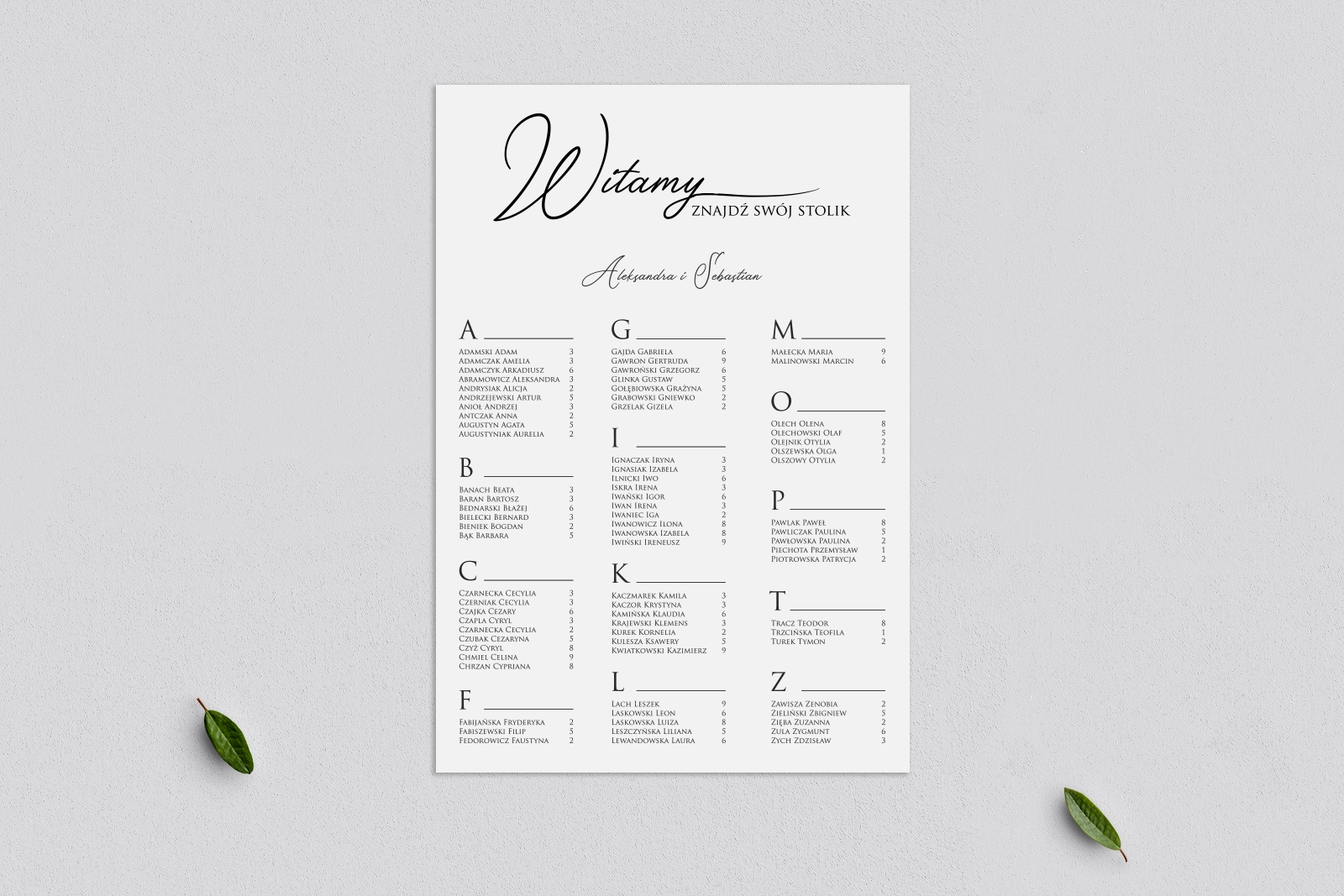 Elegancki plan stołów weselnych z uporządkowaną alfabetycznie listą gości