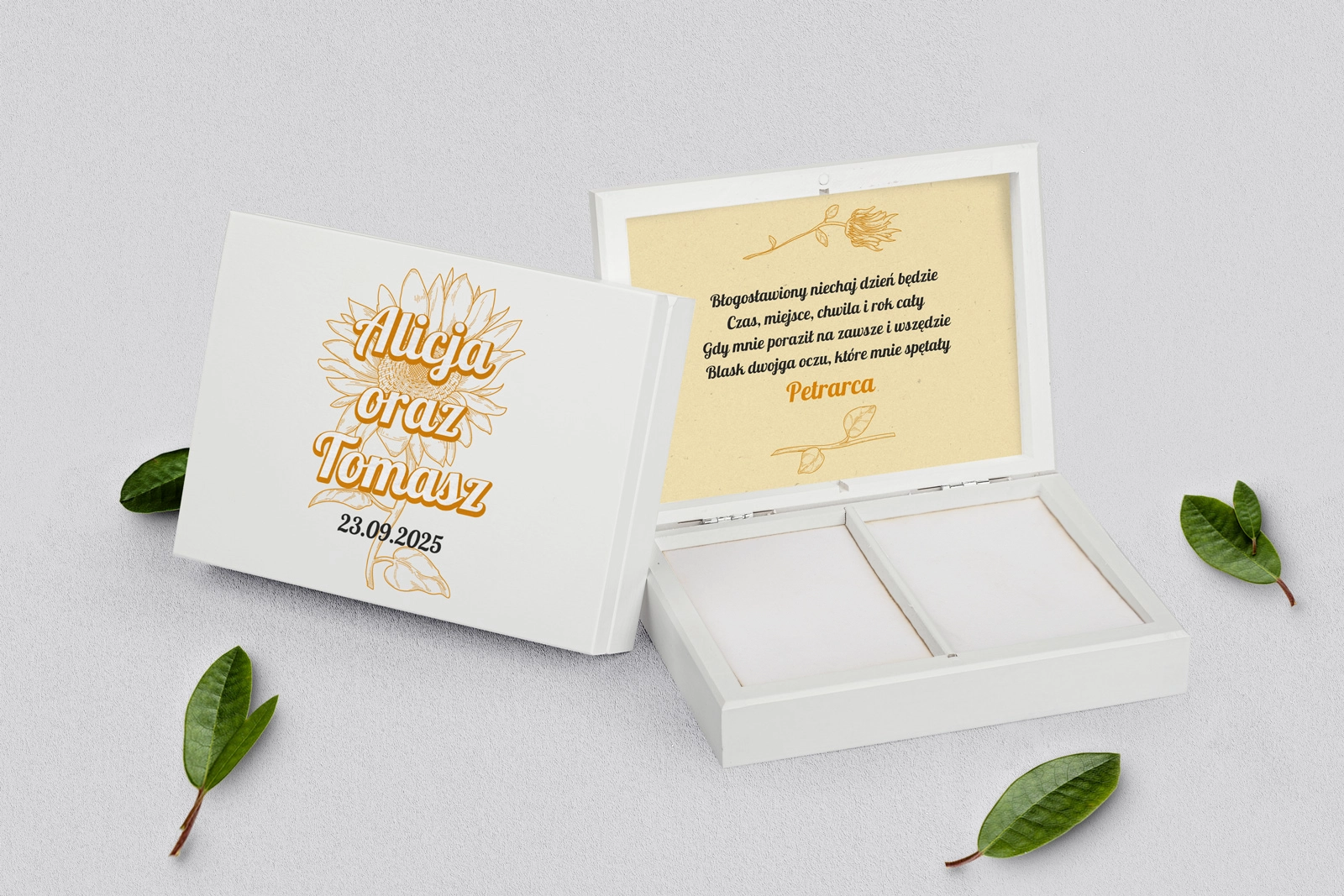 Pudełko na obrączki prostokątne białe - Sunflowers Motyw 1