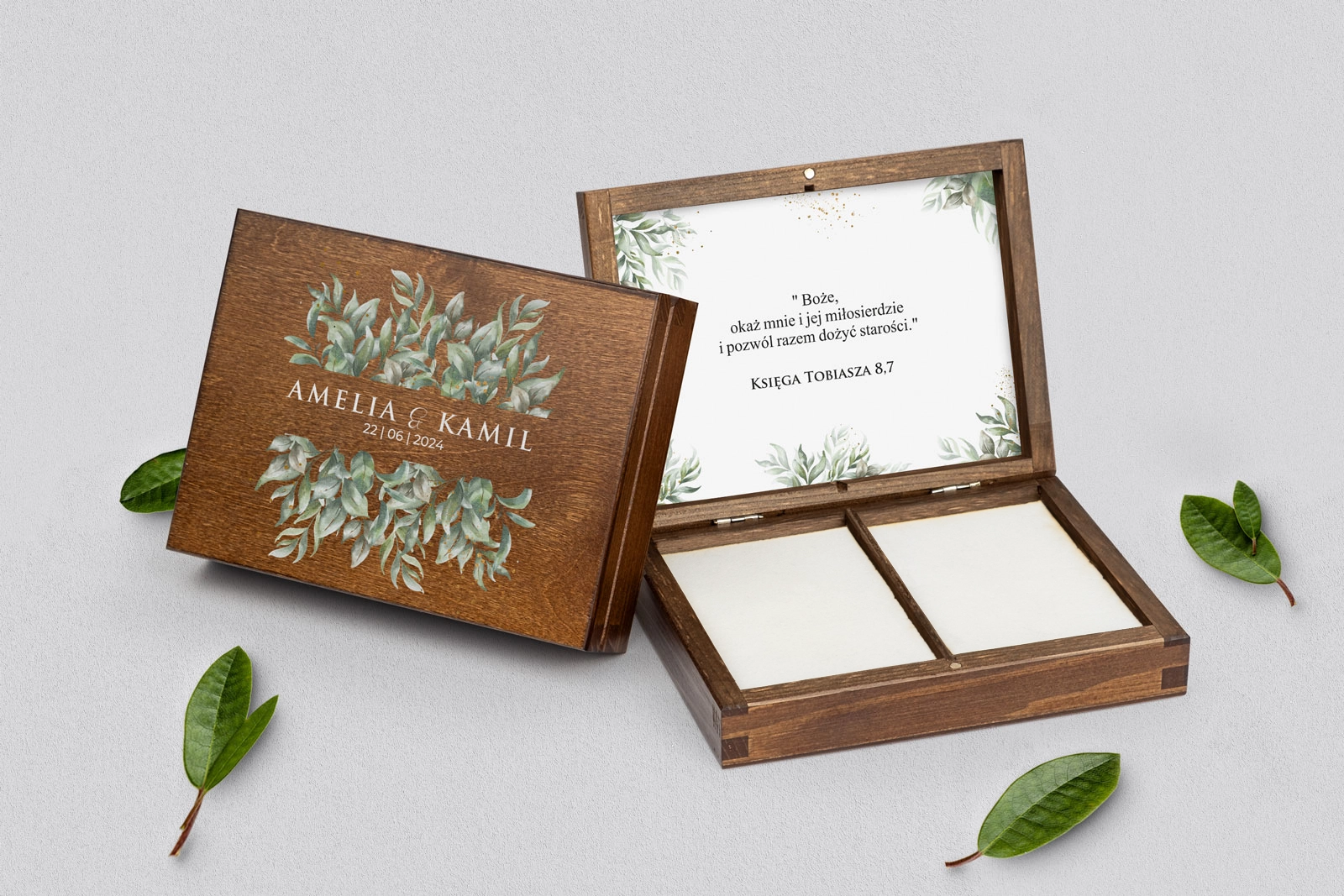 Pudełko na obrączki prostokątne brązowe - Leaves Motyw 1
