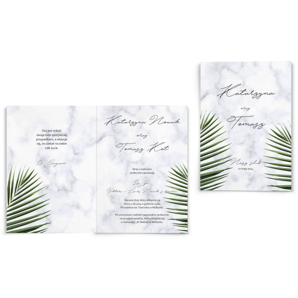 Zaproszenia ślubne Marble leaf - Składane Motyw 1
