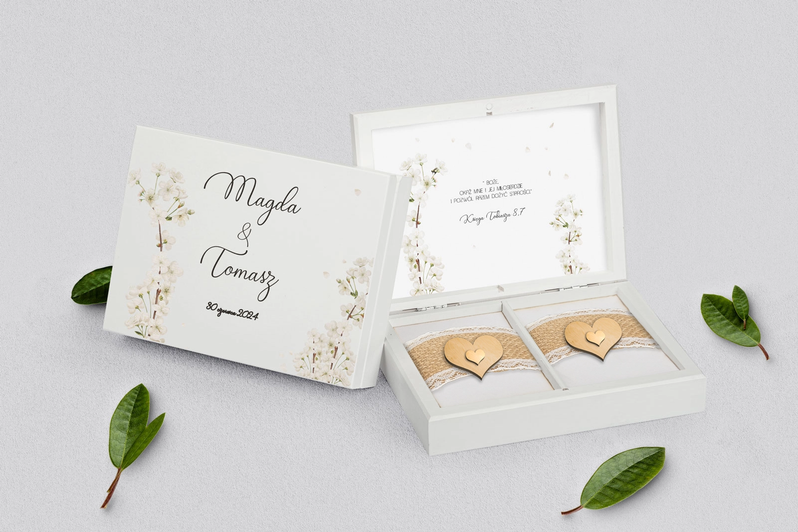 Pudełko na obrączki prostokątne białe - Biały Czas - Motyw 1