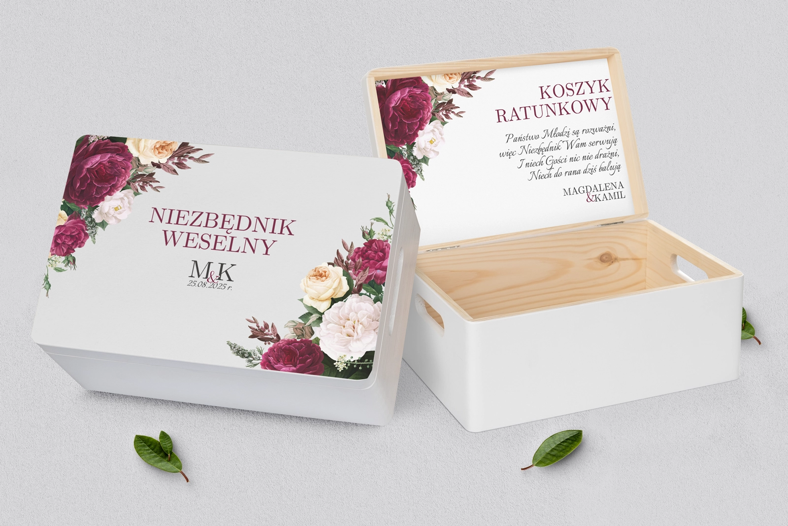 Koszyczek ratunkowy weselny biały - Fabello Motyw 1