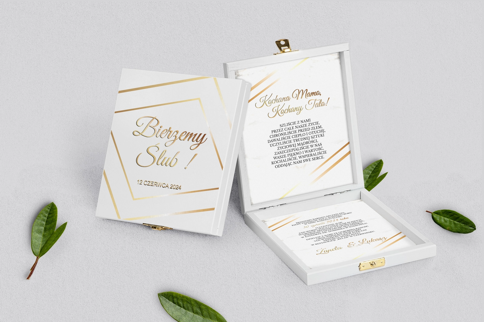 Zaproszenie dla Rodziców - białe Marmur&Złoto Motyw 1