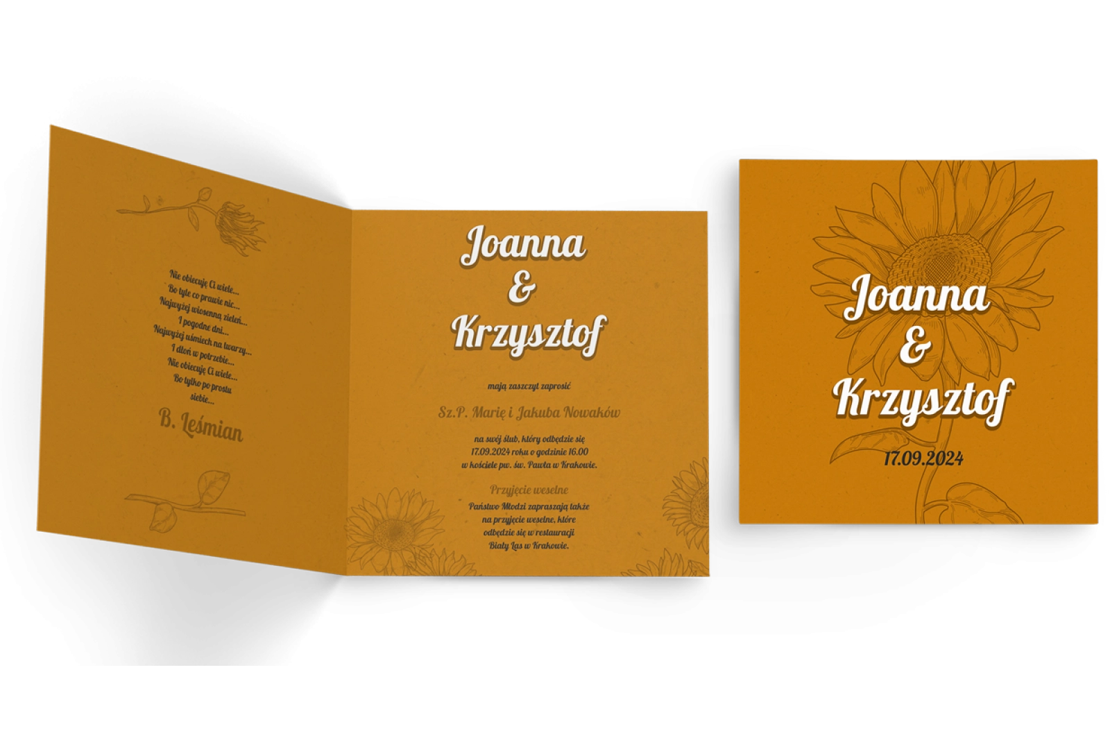 Zaproszenia ślubne Sunflowers - Składane Kwadrat Motyw 3