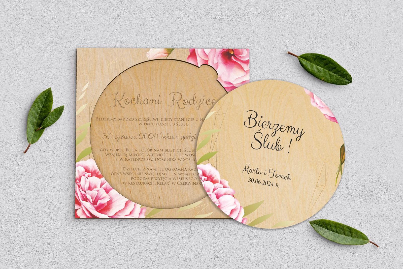 Drewniane Zaproszenie dla Rodziców Koło - Flowers & Frame Motyw 5