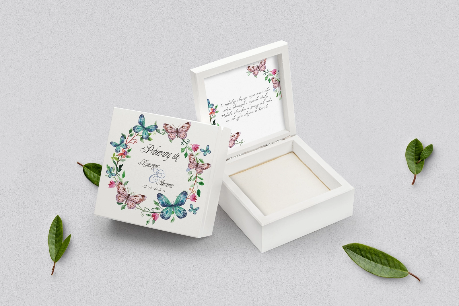 Pudełko na obrączki białe - Akwarelowe Wianki Motyw 3