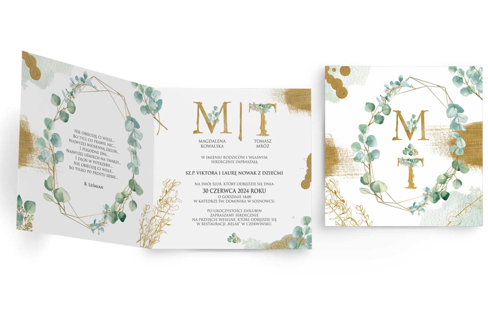 Zaproszenia ślubne Golden Green - Składane Kwadrat Motyw 2