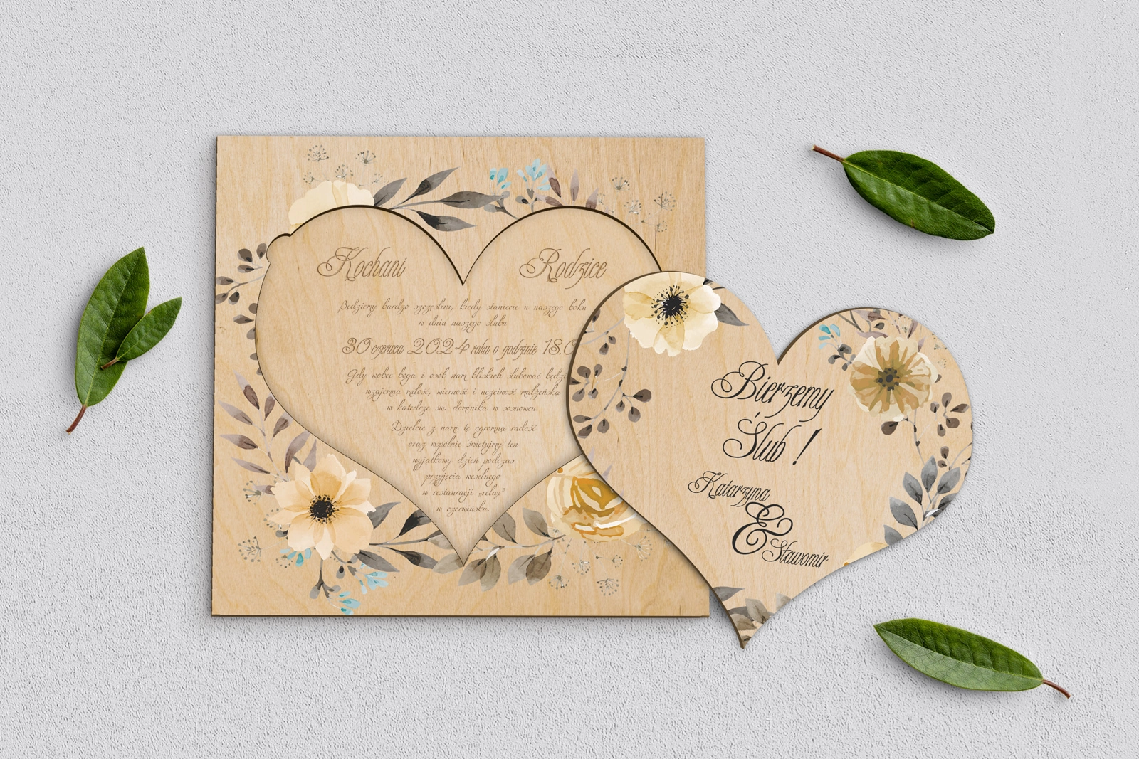 Drewniane Zaproszenie dla Rodziców - Akwarelowe Wianki Motyw 4