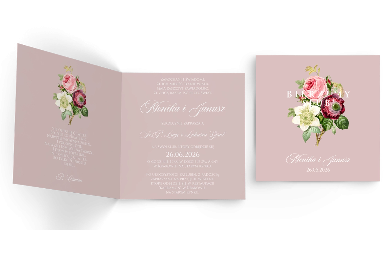 Zaproszenia ślubne Bella - Składane Kwadrat Motyw 3