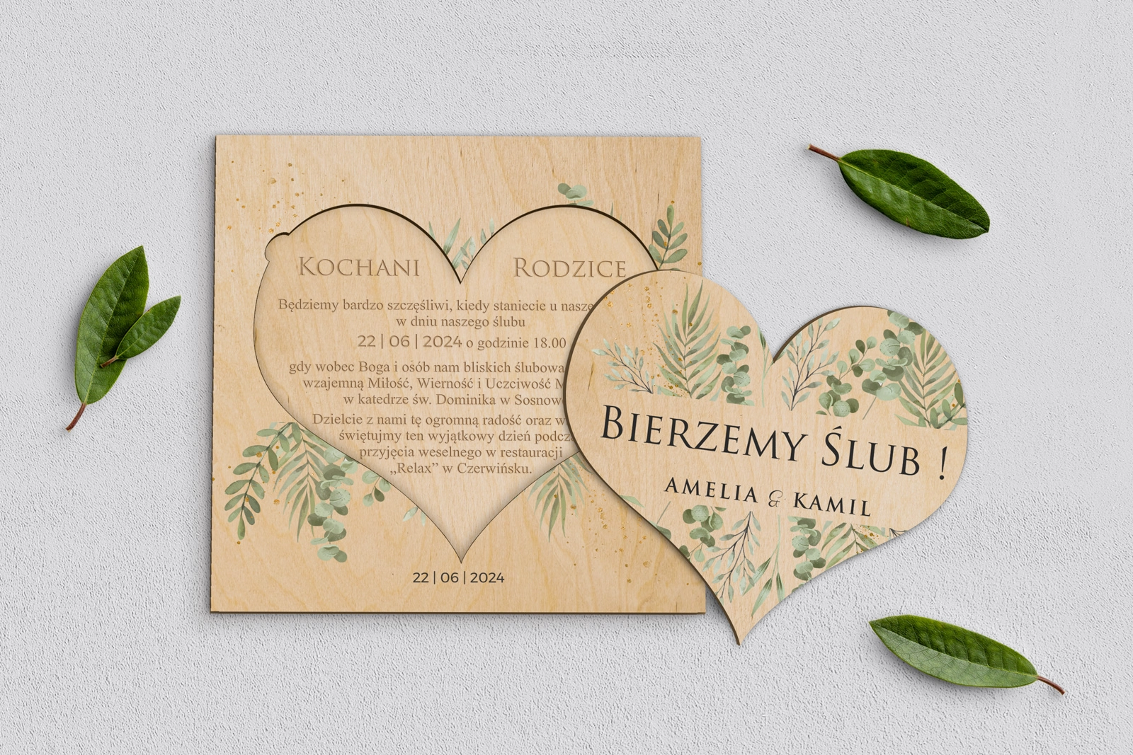 Drewniane Zaproszenie dla Rodziców - Leaves Motyw 2