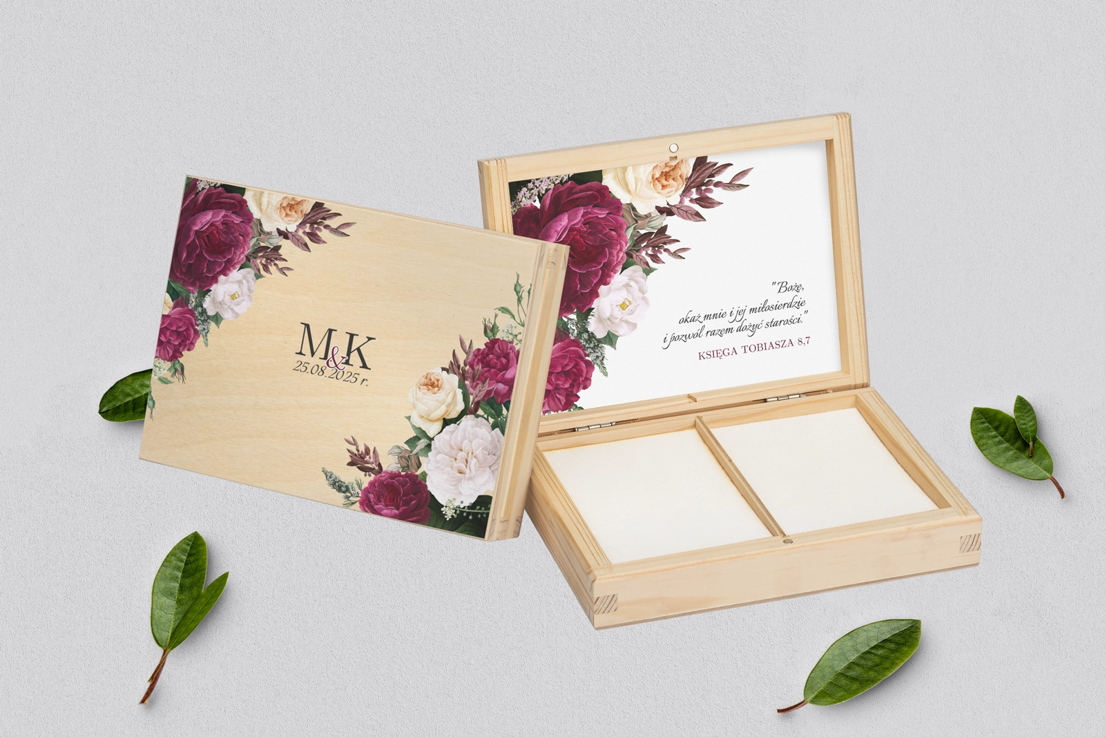 Pudełko na obrączki prostokątne naturalne - Fabello Motyw 1