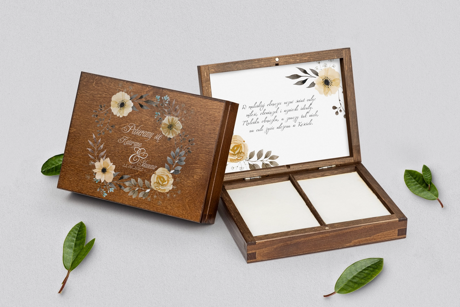 Pudełko na obrączki prostokątne brązowe - Akwarelowe Wianki Motyw 4
