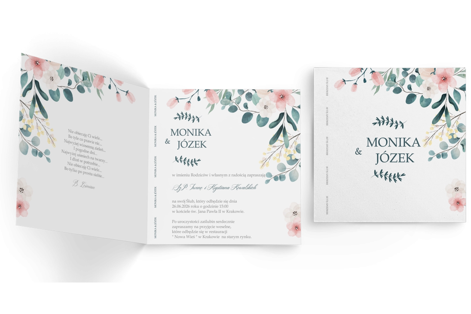 Zaproszenia ślubne Name - Składane Kwadrat Motyw 2