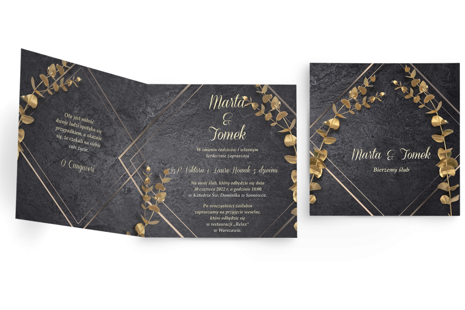 Zaproszenia ślubne Złote kwiaty - Składane Kwadrat Motyw 2
