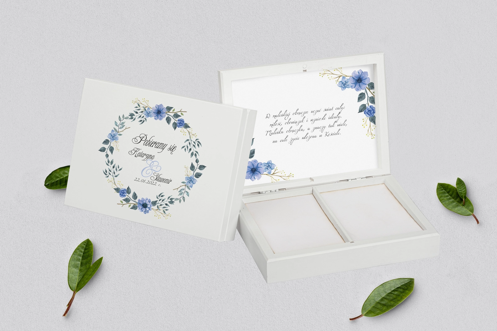 Pudełko na obrączki prostokątne białe - Akwarelowe Wianki Motyw 1