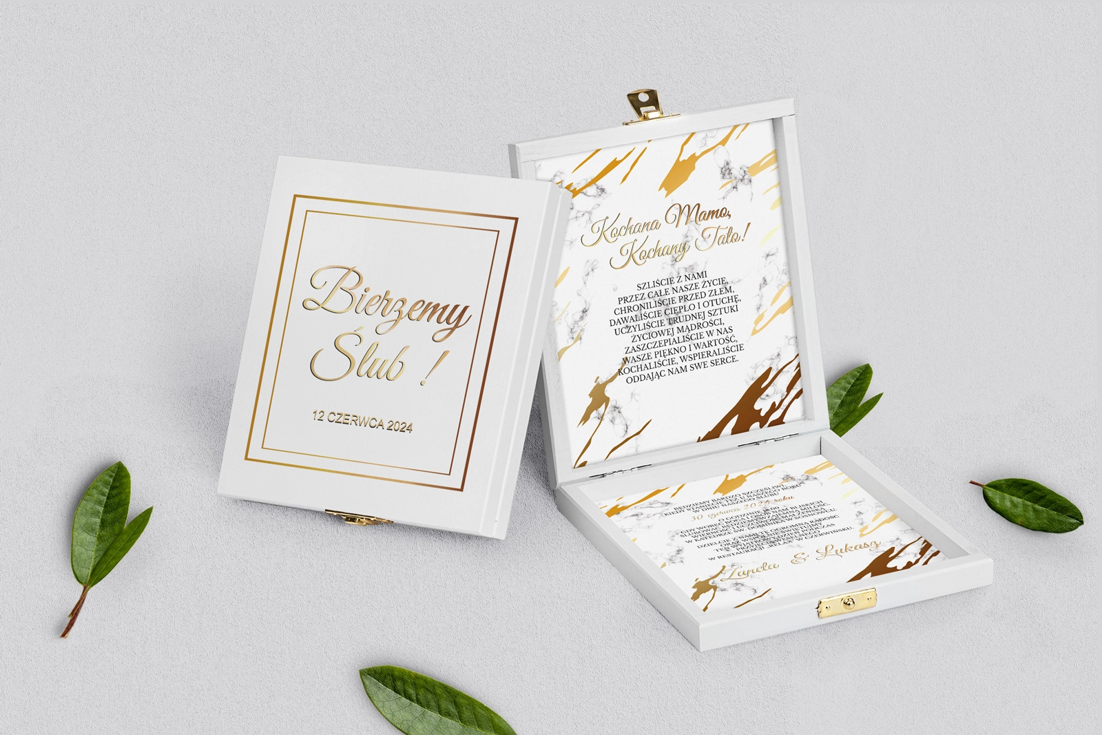 Zaproszenie dla Rodziców - białe Marmur&Złoto Motyw 3