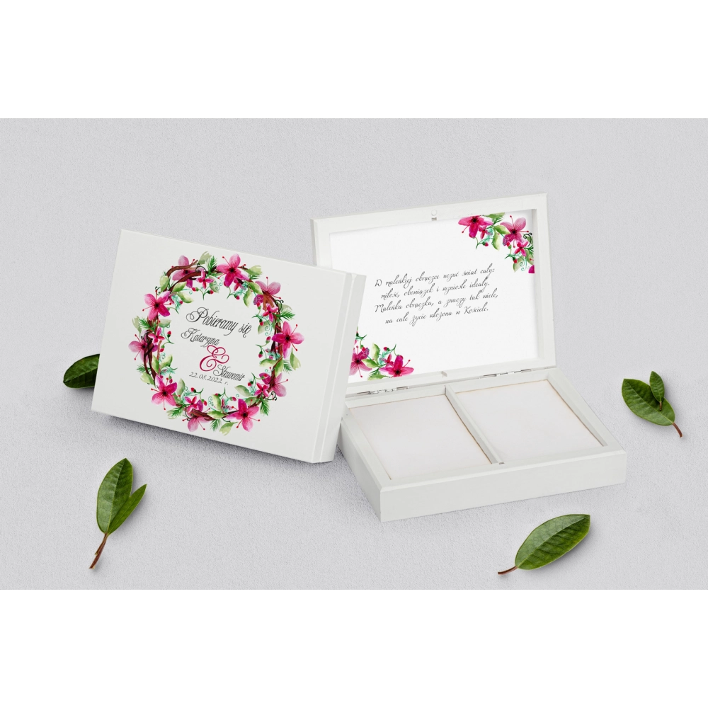 Pudełko na obrączki prostokątne białe - Akwarelowe Wianki Motyw 2