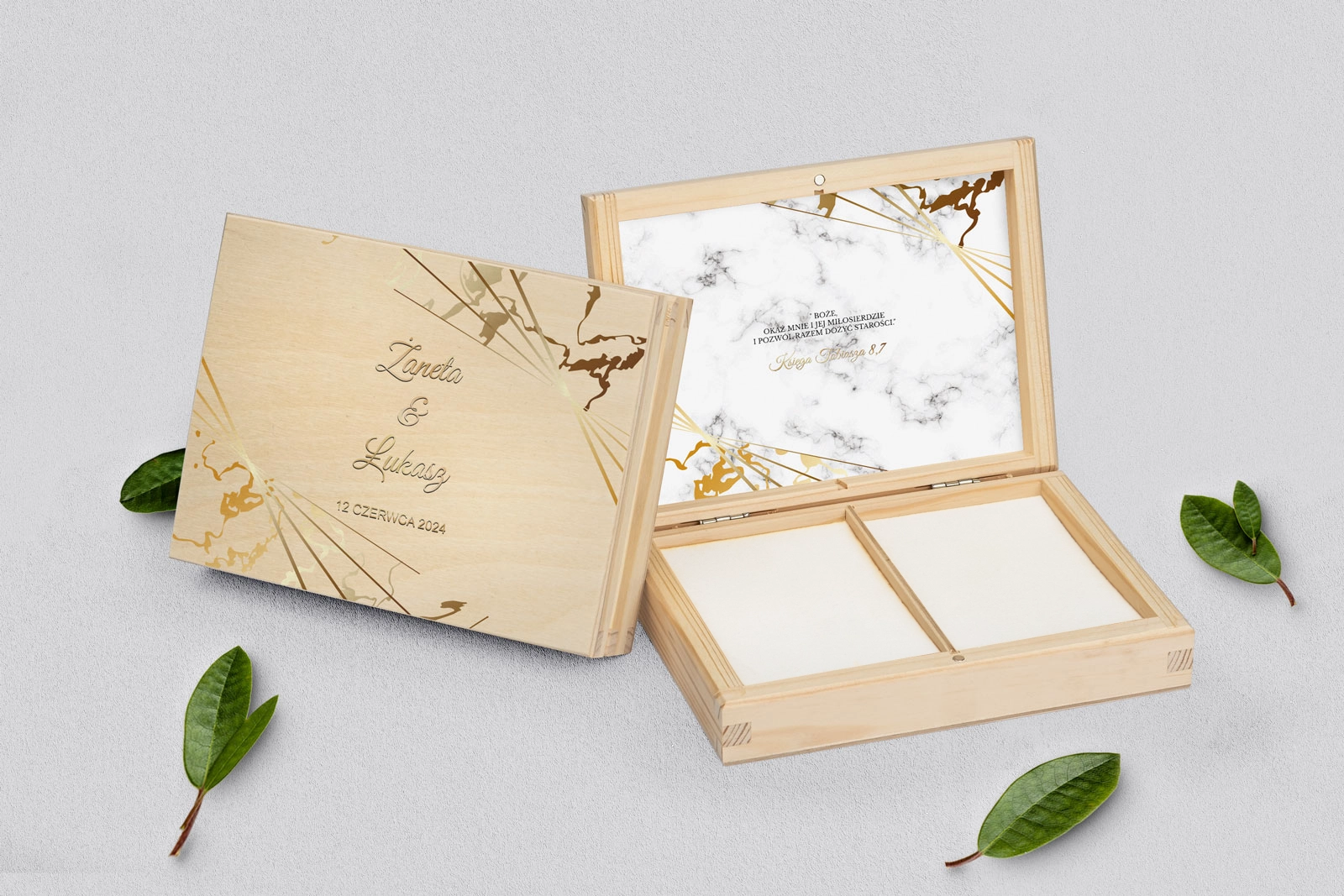 Pudełko na obrączki prostokątne naturalne - Marmur i Złoto Motyw 4